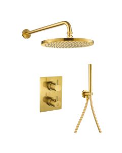 Levo Square 2-Way Fixed Head & Handshower Kit Brushed Gold