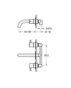 Levo Three Hole Wall Basin Mixer Brushed Nickel