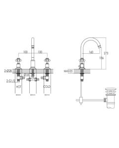 Grosvenor Cross 3 Hole Basin Mixer Gold