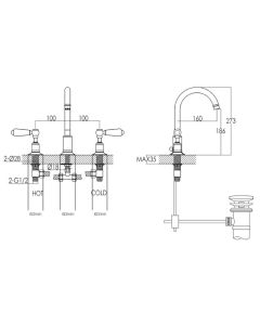 Grosvenor Lever 3 Hole Basin Mixer Gold