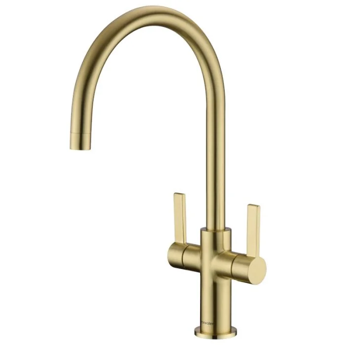 Auva Twin Lever Sink Mixer Swivel Spout Brushed Brass