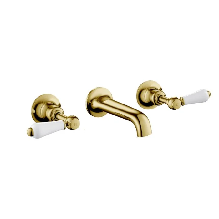 Grosvenor Lever 3 Hole Wall Basin Mixer Gold